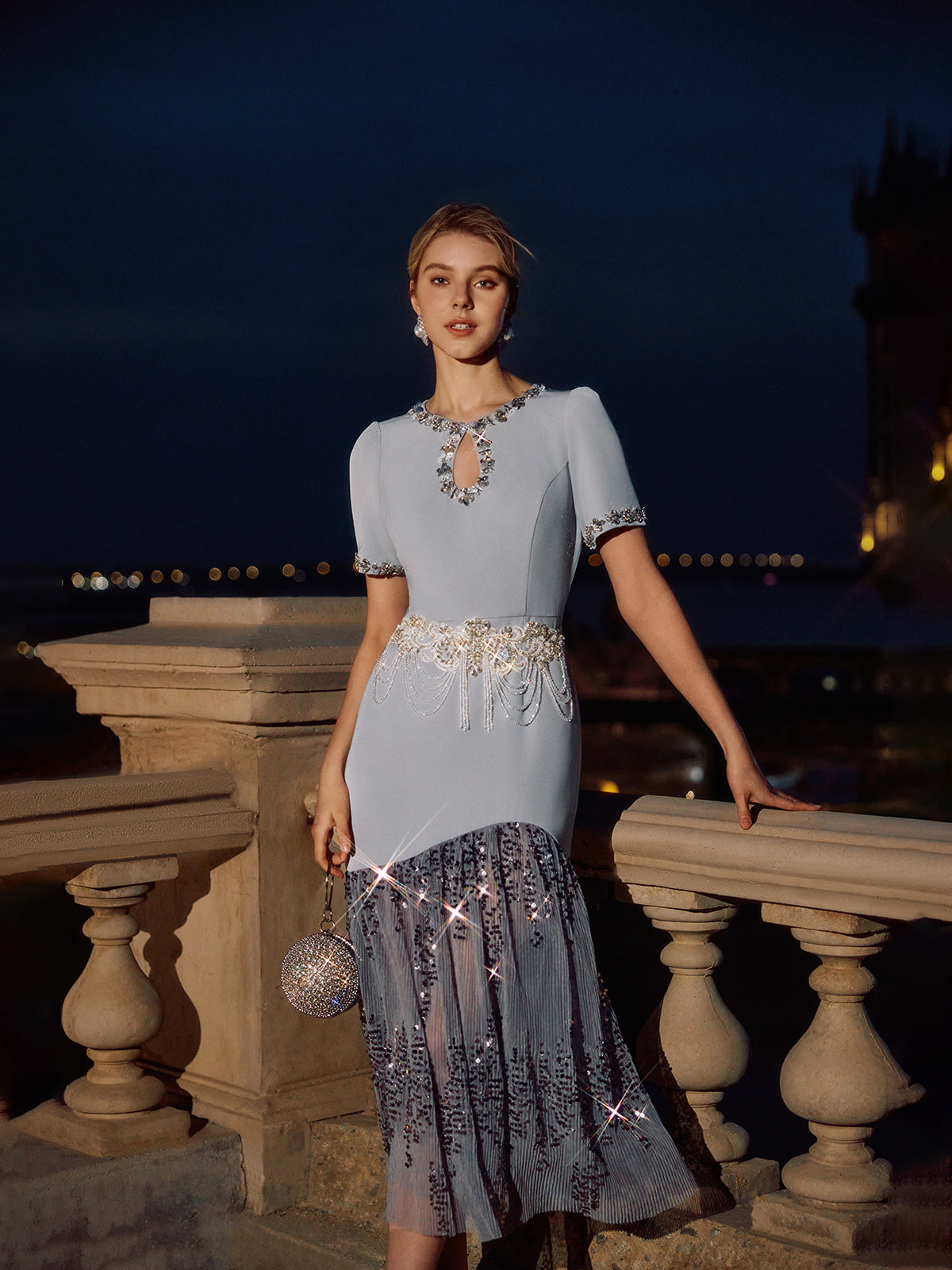 Hand-Beaded Sequin Tulle-Paneled Dress