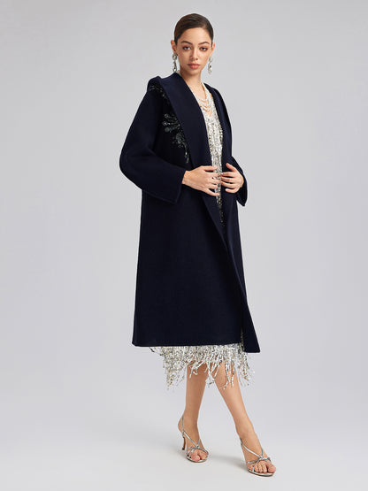 Sequin-Embroidered Double-Faced Wool Hooded Coat