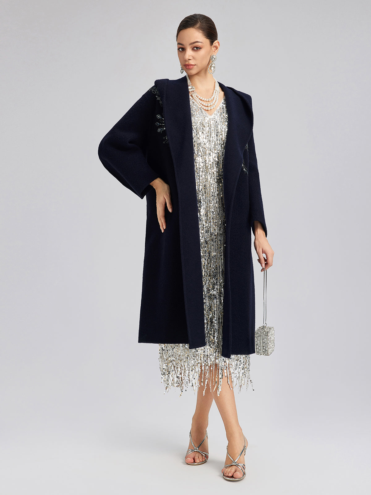 Sequin-Embroidered Double-Faced Wool Hooded Coat
