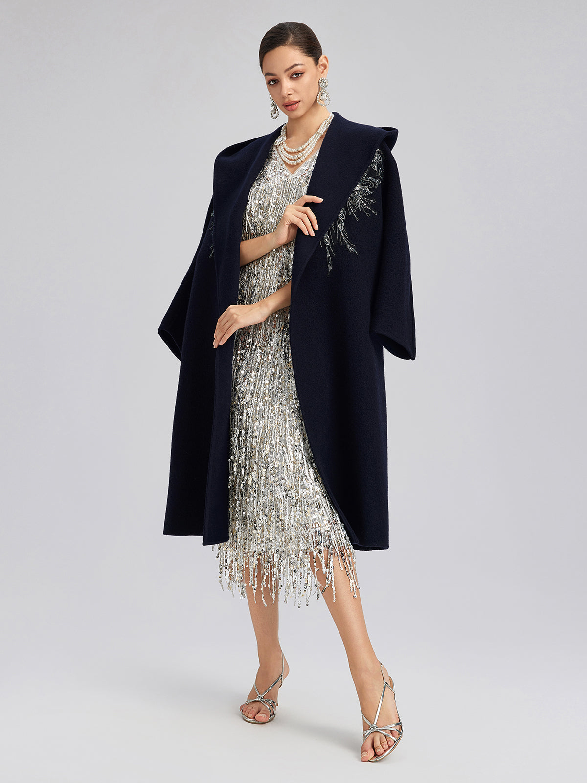 Sequin-Embroidered Double-Faced Wool Hooded Coat