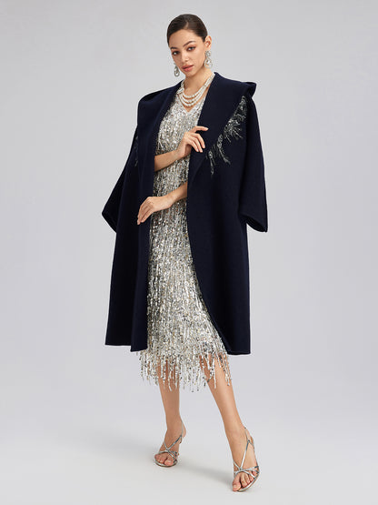 Sequin-Embroidered Double-Faced Wool Hooded Coat