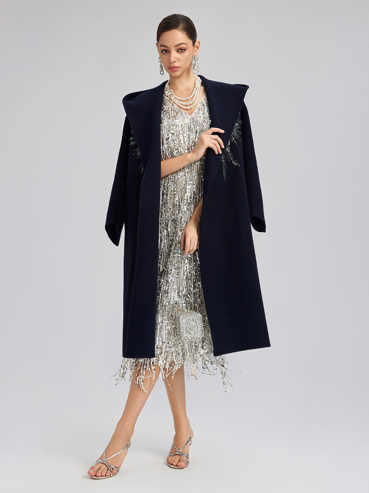 Sequin-Embroidered Double-Faced Wool Hooded Coat