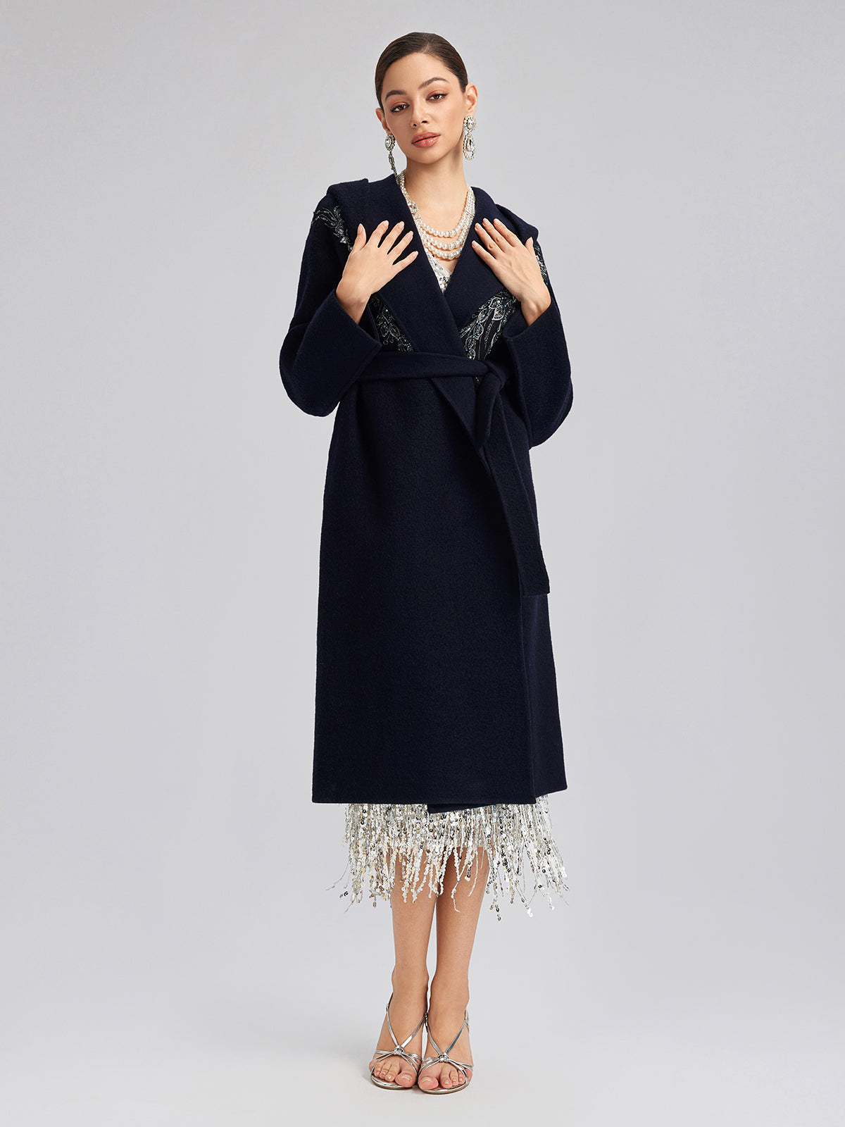 Sequin-Embroidered Double-Faced Wool Hooded Coat