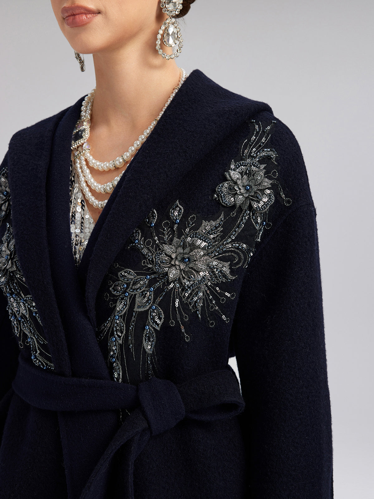 Sequin-Embroidered Double-Faced Wool Hooded Coat