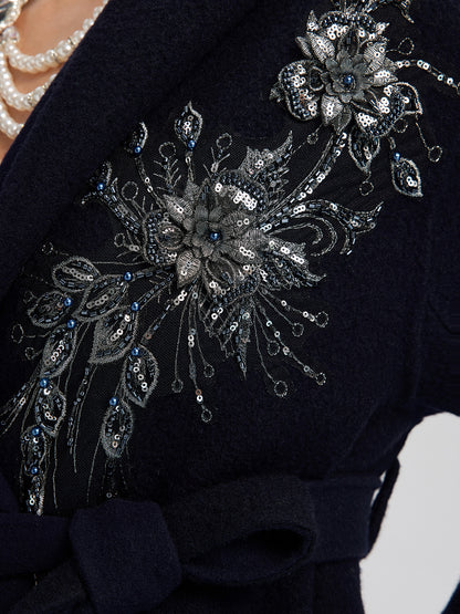 Sequin-Embroidered Double-Faced Wool Hooded Coat