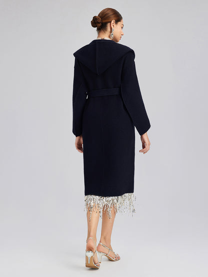 Sequin-Embroidered Double-Faced Wool Hooded Coat