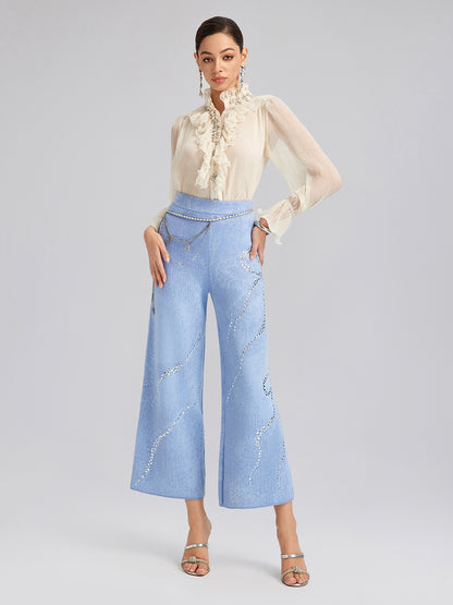 Ruffled Stand Collar Beaded Shirt