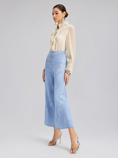 Wool Rhinestone-Embellished Jacquard Stretch Pants
