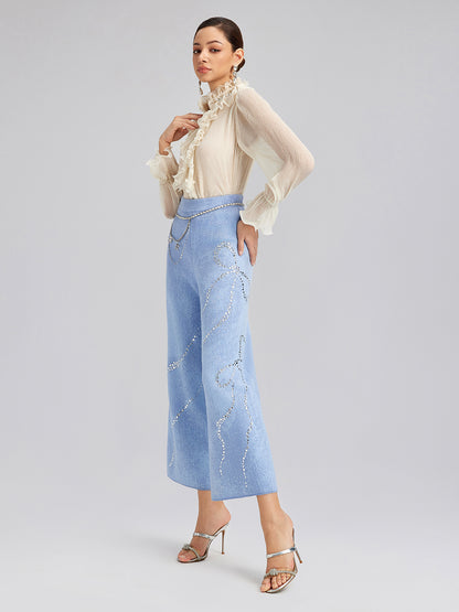 Wool Rhinestone-Embellished Jacquard Stretch Pants