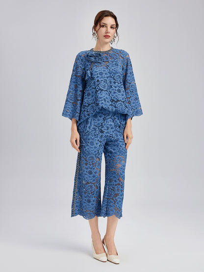 Retro Blue Wash Lace Top