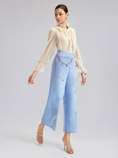 Wool Rhinestone-Embellished Jacquard Stretch Pants