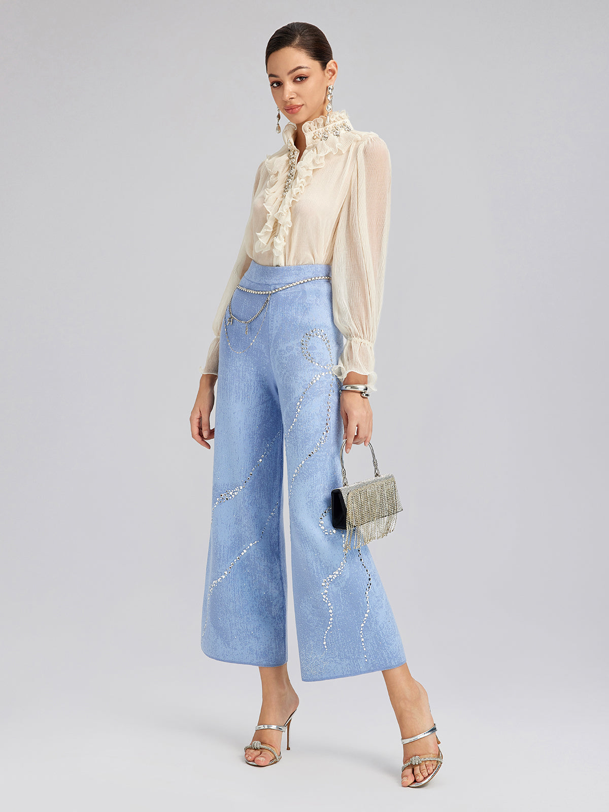 Wool Rhinestone-Embellished Jacquard Stretch Pants