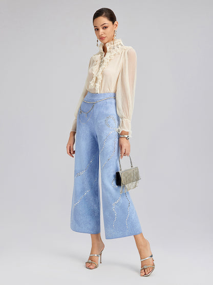 Wool Rhinestone-Embellished Jacquard Stretch Pants