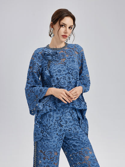 Retro Blue Wash Lace Top