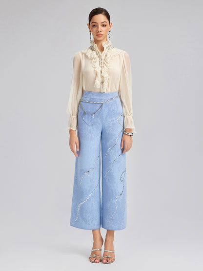 Wool Rhinestone-Embellished Jacquard Stretch Pants