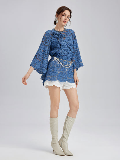 Retro Blue Wash Lace Top