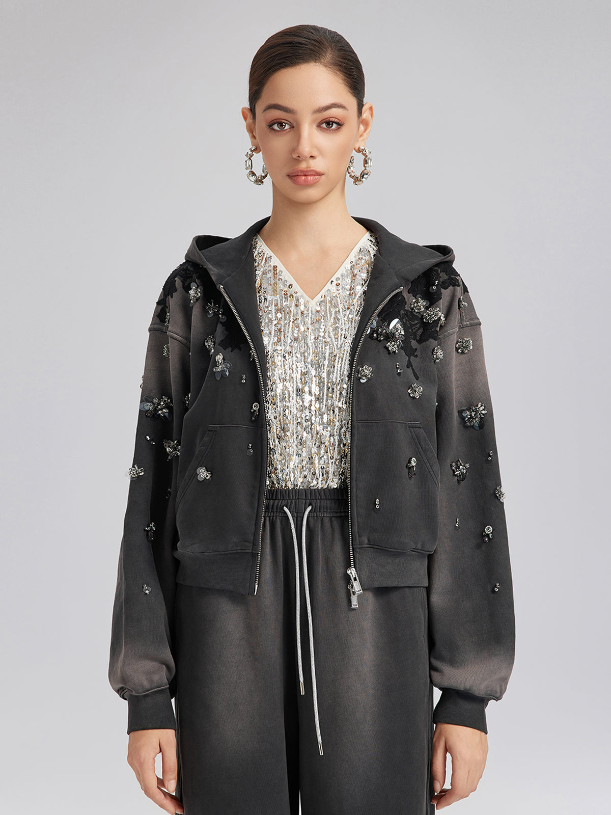 Lace-Embellished Beaded Zip Hoodie