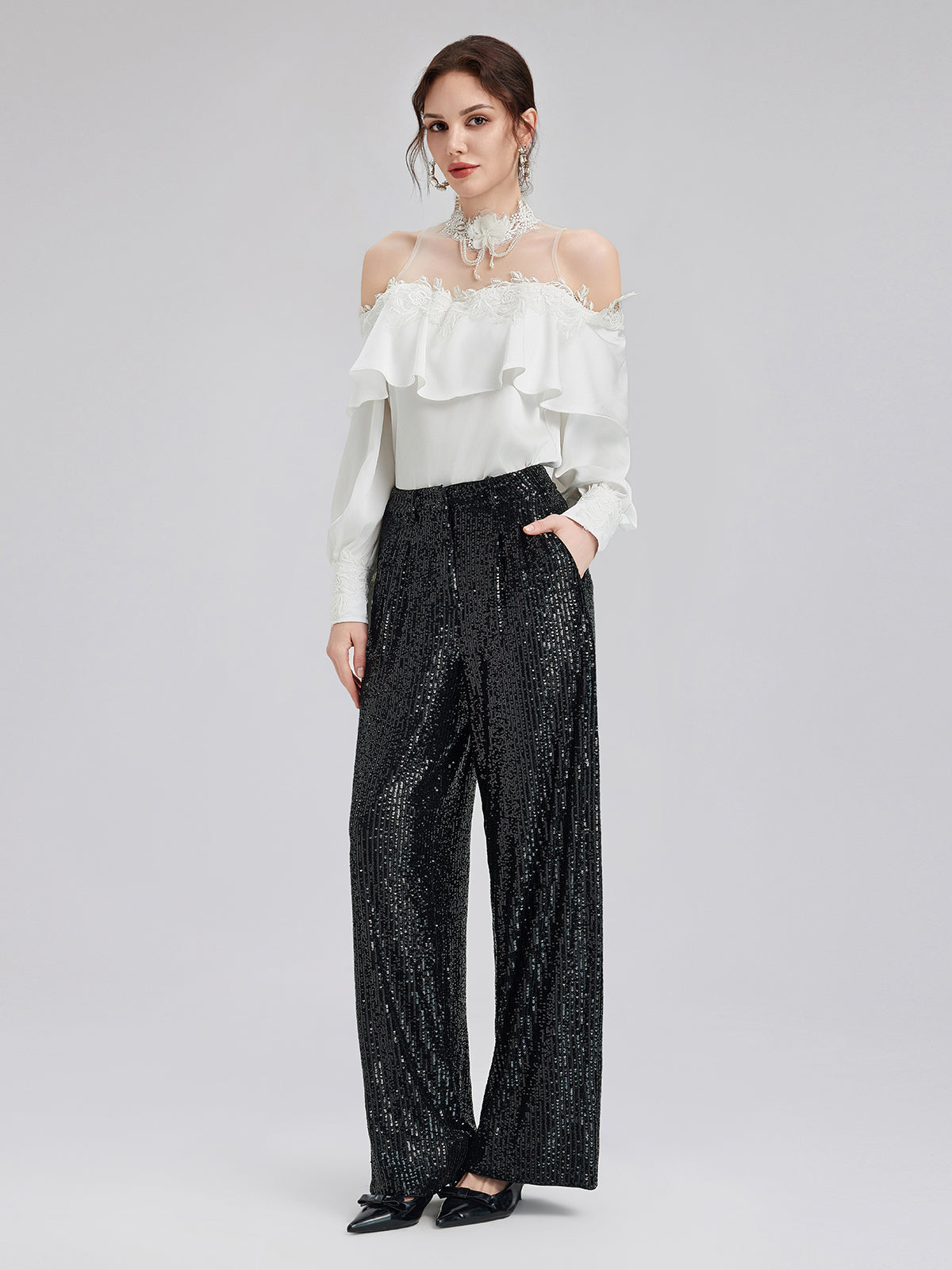 Final Sale | Off-Shoulder Ruffle Lace Mesh Top