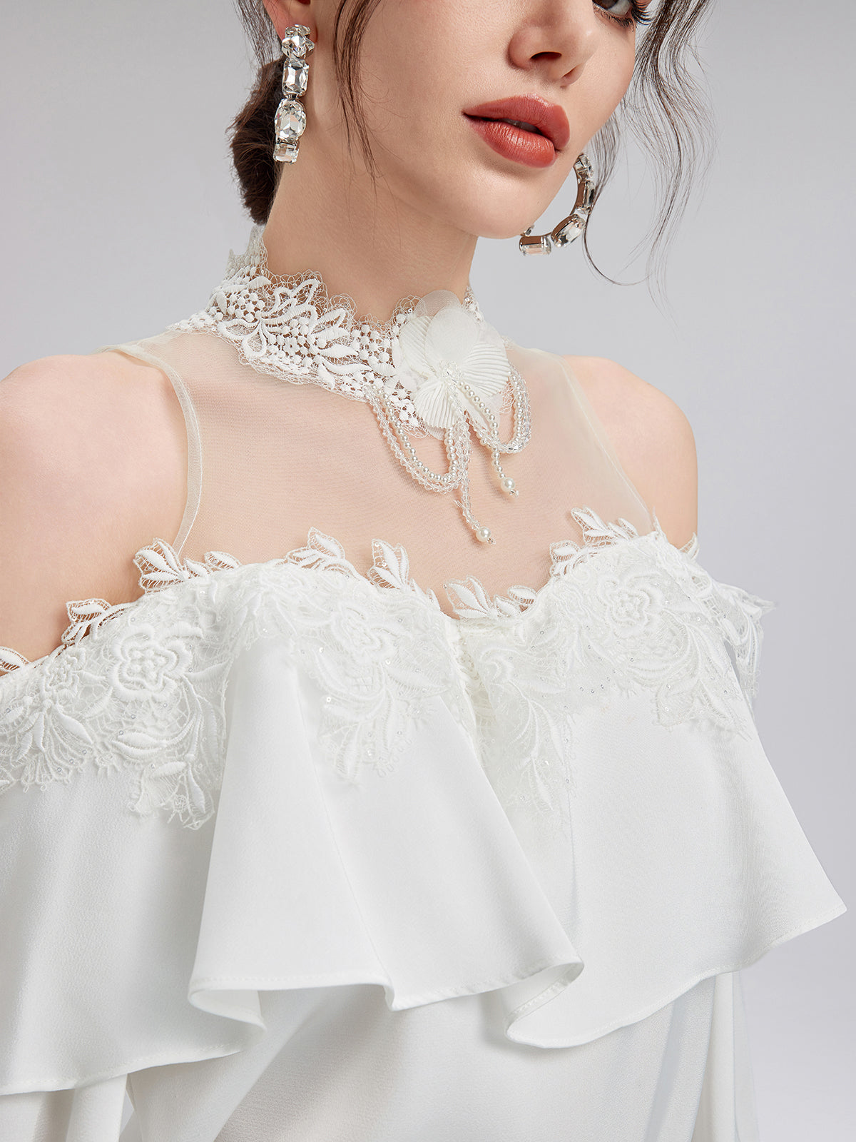 Final Sale | Off-Shoulder Ruffle Lace Mesh Top