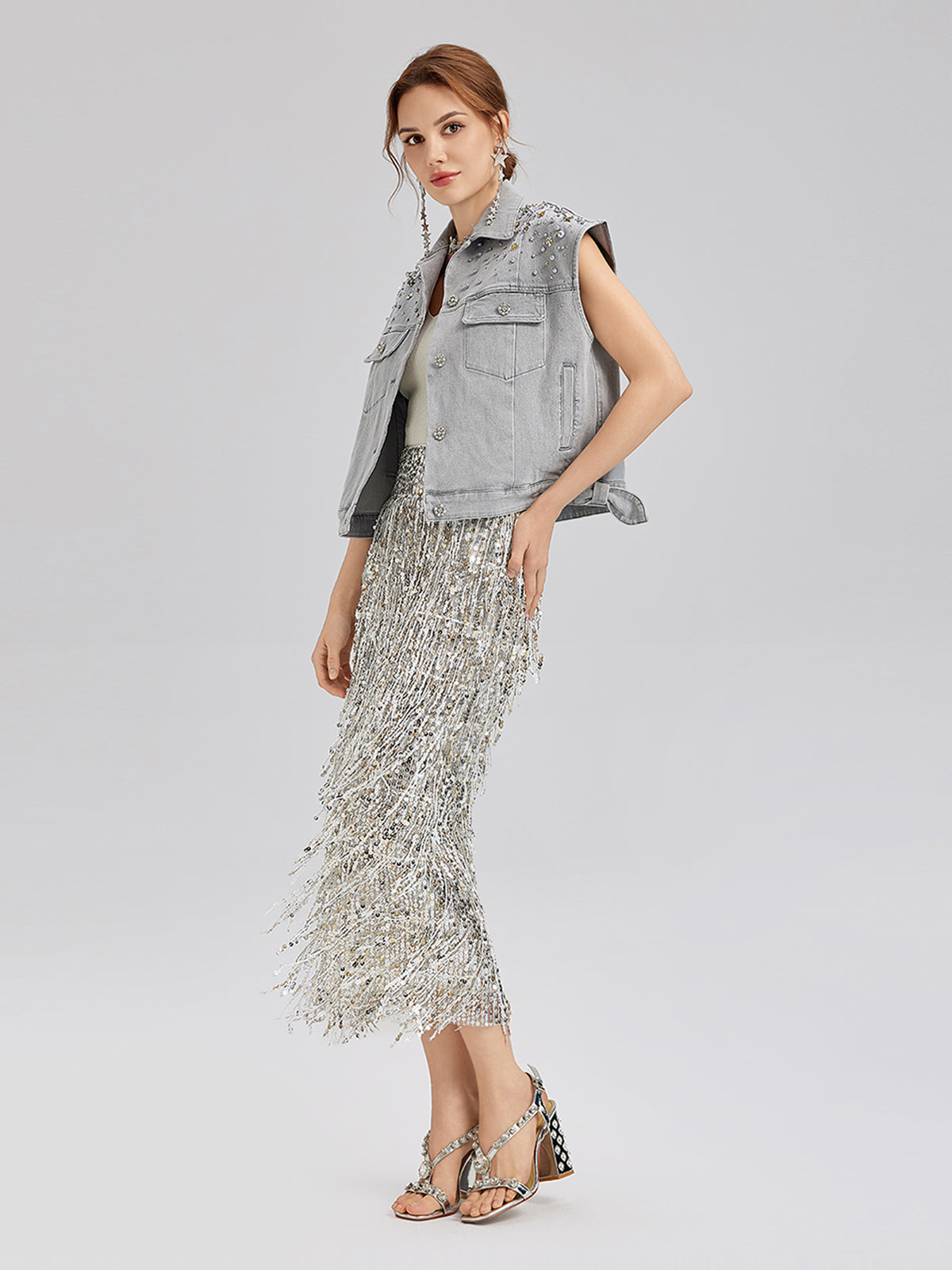 Tassel Sequin Midi Skirt