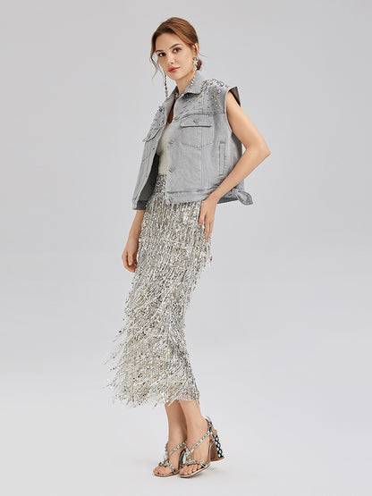 Tassel Sequin Midi Skirt