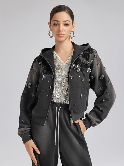 Lace-Embellished Beaded Zip Hoodie