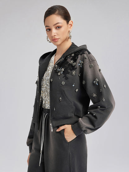 Lace-Embellished Beaded Zip Hoodie