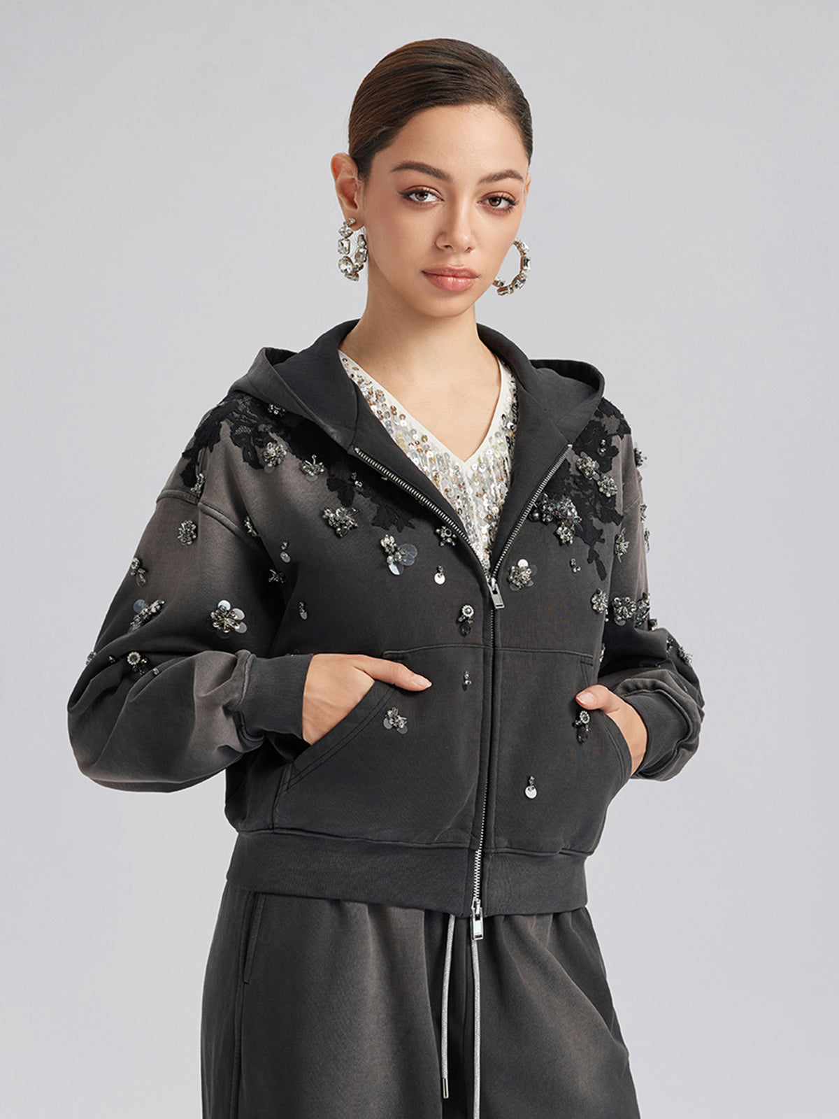 Lace-Embellished Beaded Zip Hoodie