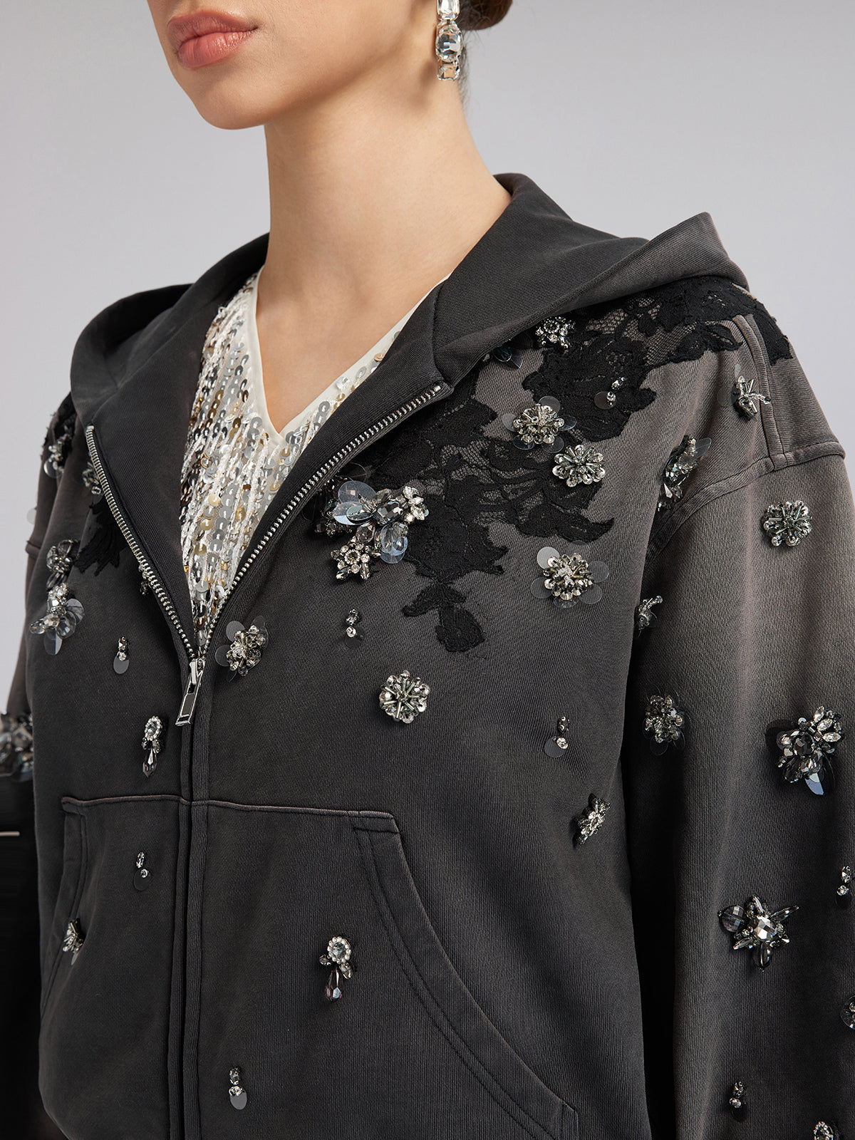 Lace-Embellished Beaded Zip Hoodie