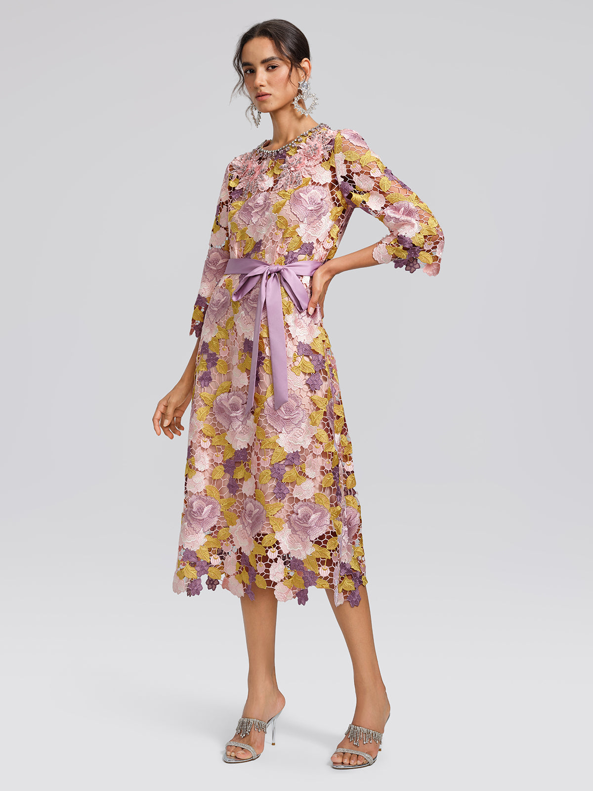 Embroidered Floral Lace Beaded Dress (Waist Tie & Slip Dress Included)