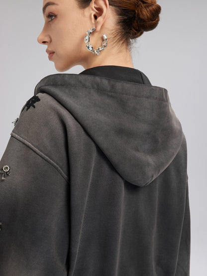 Lace-Embellished Beaded Zip Hoodie