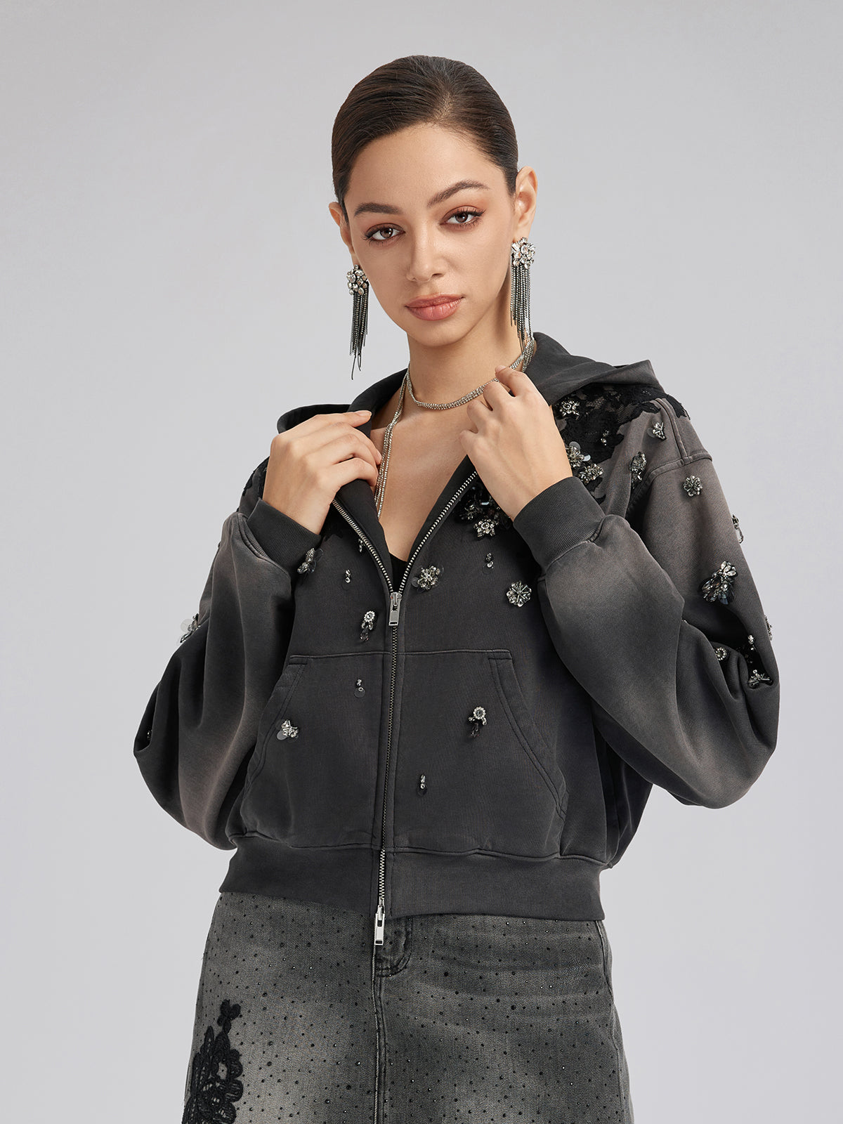 Lace-Embellished Beaded Zip Hoodie