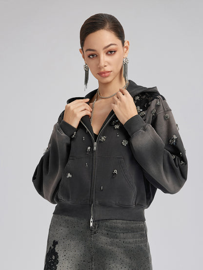 Lace-Embellished Beaded Zip Hoodie