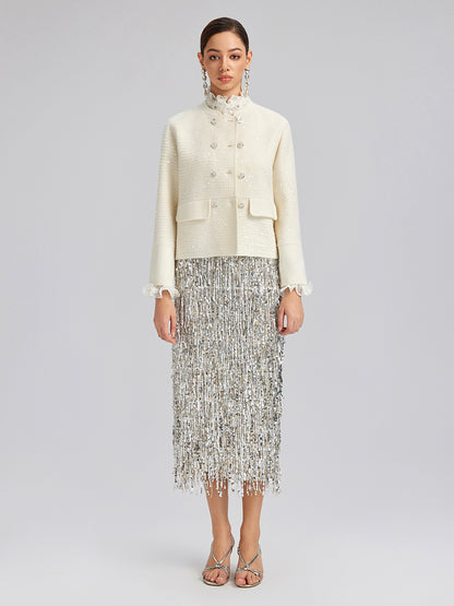 Wool Sequin-Embroidered Round Neckline Jacket (100% Wool)