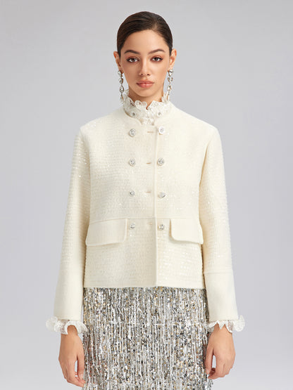 Wool Sequin-Embroidered Round Neckline Jacket (100% Wool)