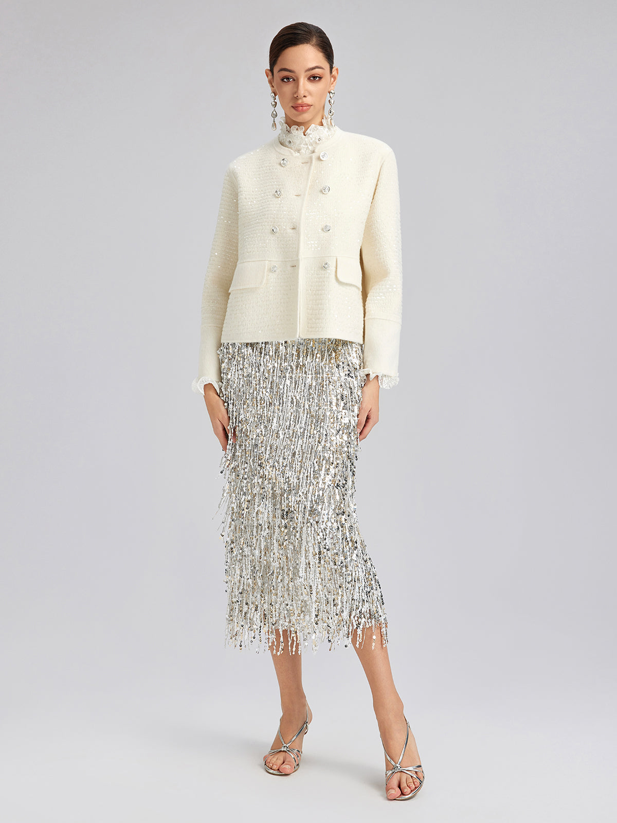 Wool Sequin-Embroidered Round Neckline Jacket (100% Wool)