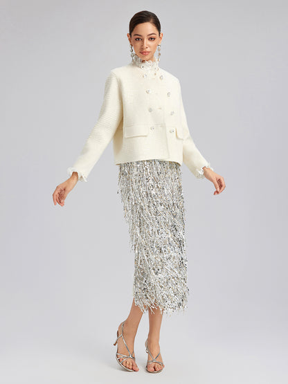 Wool Sequin-Embroidered Round Neckline Jacket (100% Wool)