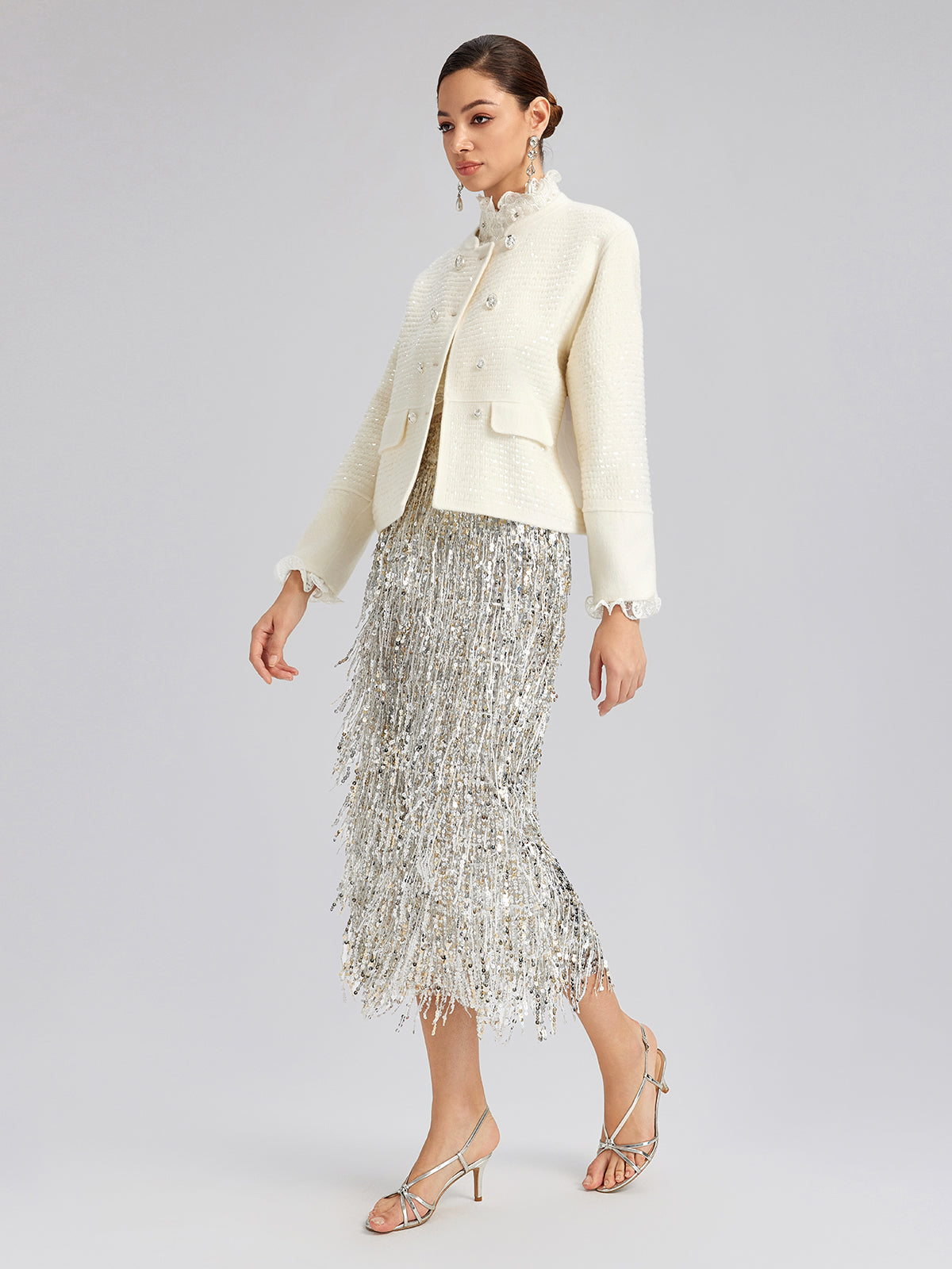 Wool Sequin-Embroidered Round Neckline Jacket (100% Wool)