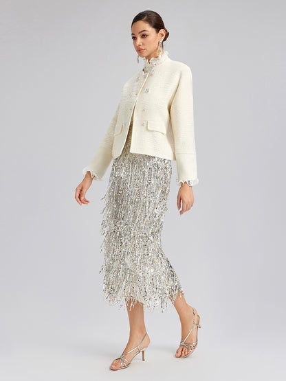 Wool Sequin-Embroidered Round Neckline Jacket (100% Wool)