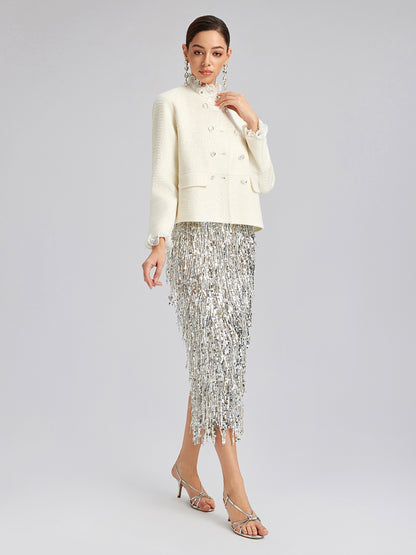 Wool Sequin-Embroidered Round Neckline Jacket (100% Wool)
