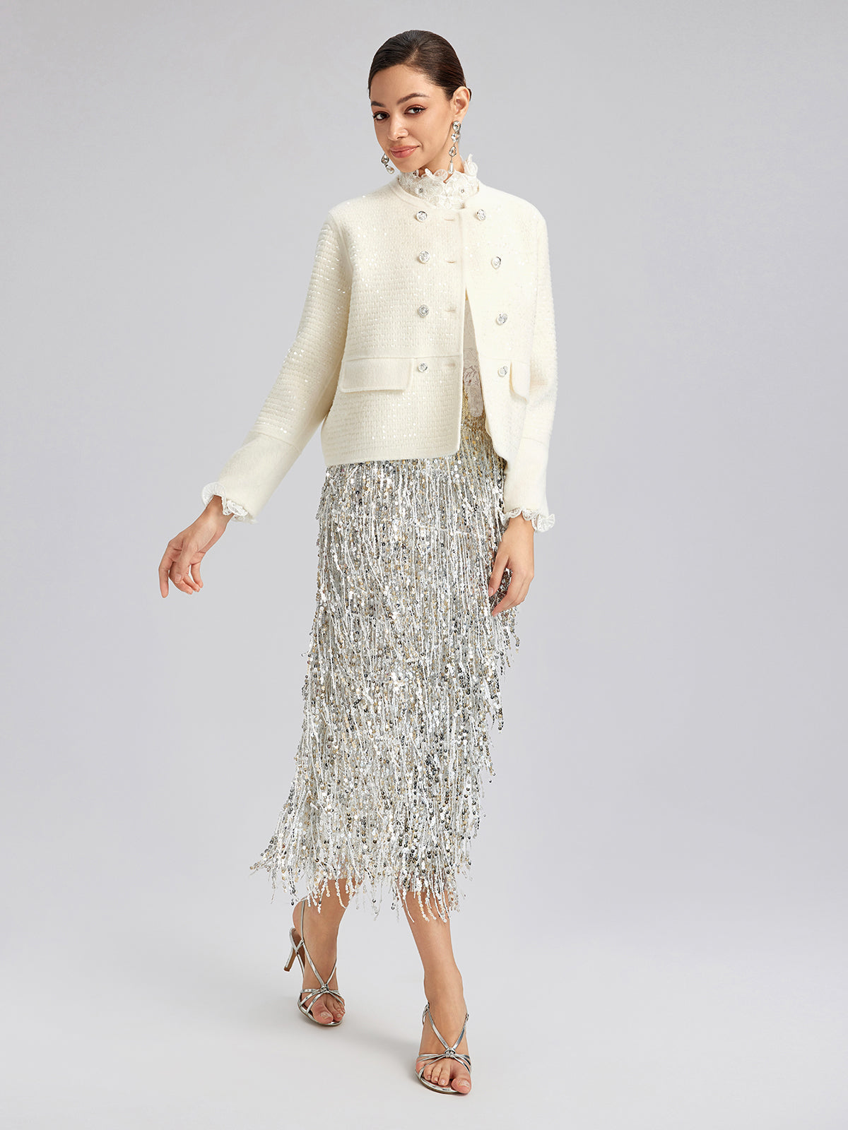 Wool Sequin-Embroidered Round Neckline Jacket (100% Wool)