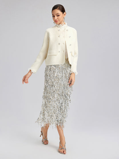 Wool Sequin-Embroidered Round Neckline Jacket (100% Wool)
