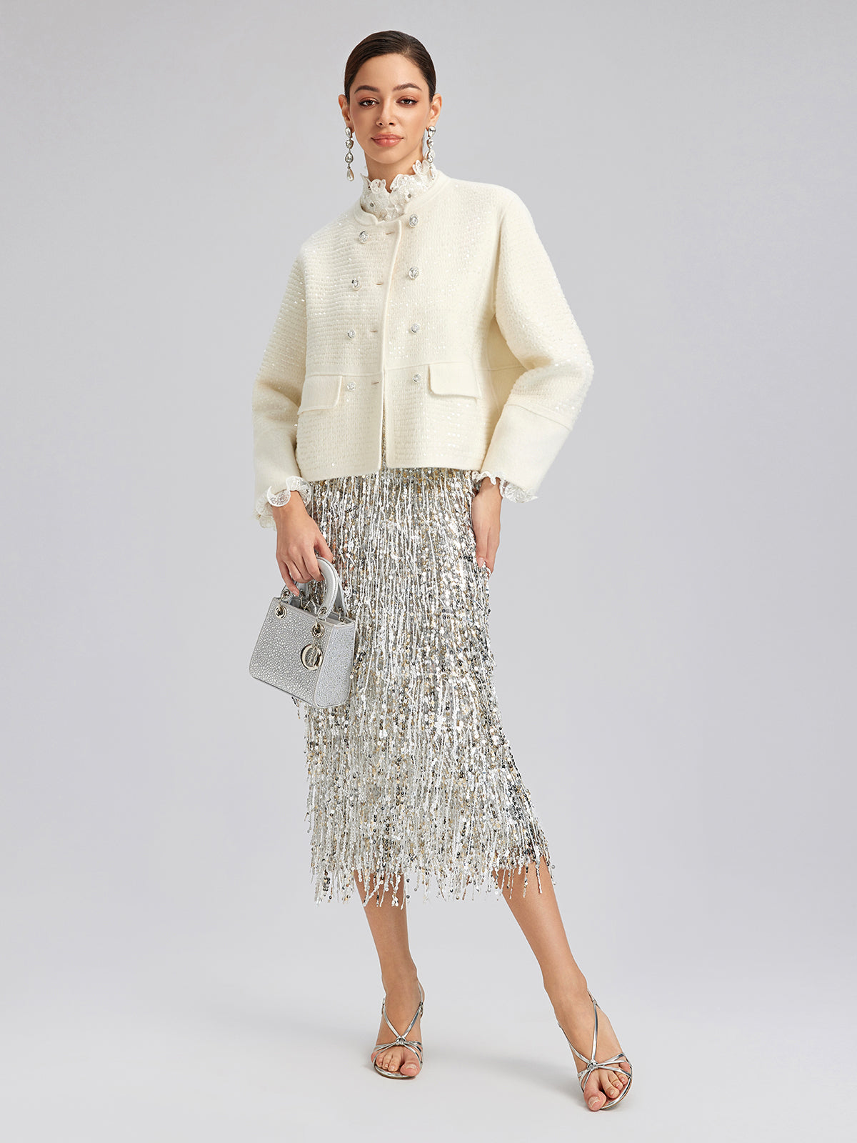 Wool Sequin-Embroidered Round Neckline Jacket (100% Wool)