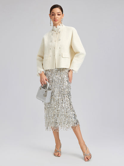 Wool Sequin-Embroidered Round Neckline Jacket (100% Wool)
