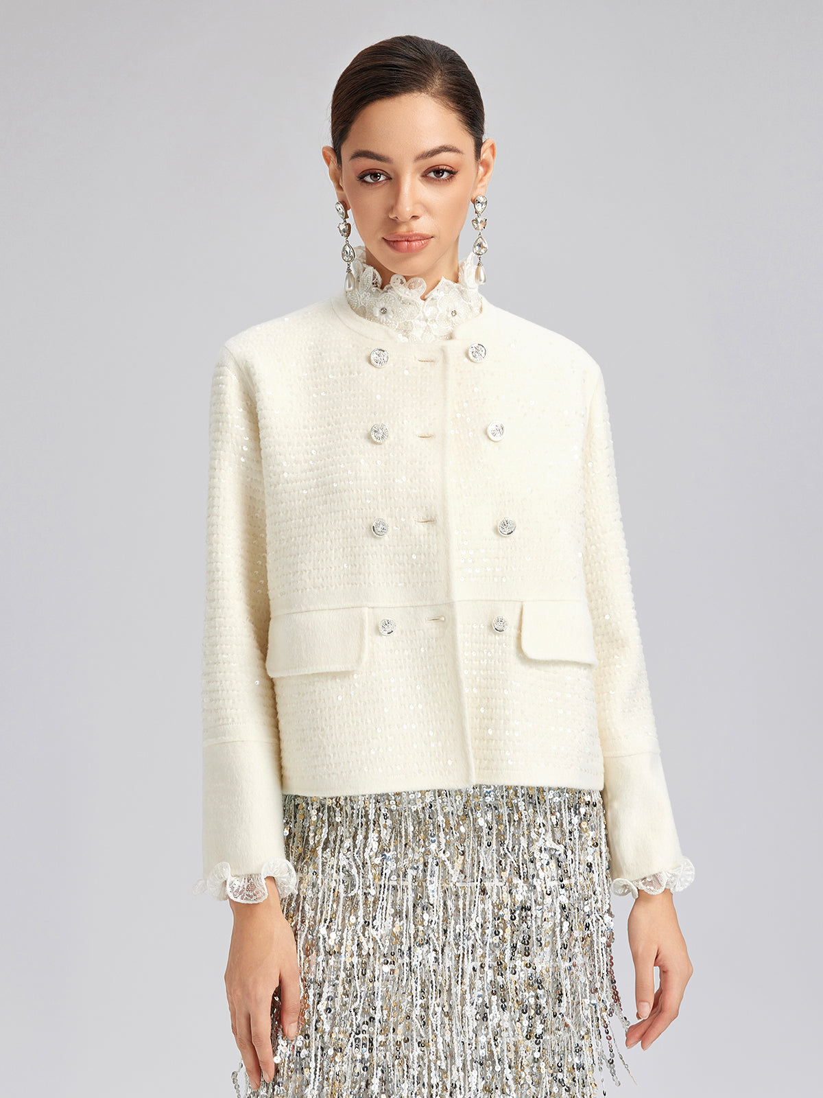Wool Sequin-Embroidered Round Neckline Jacket (100% Wool)