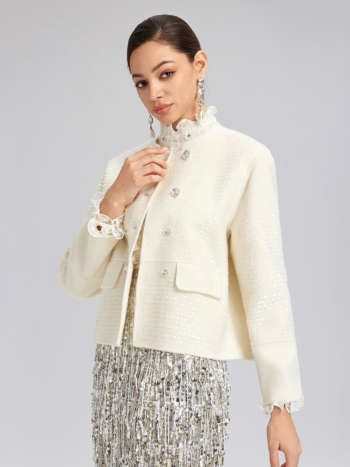 Wool Sequin-Embroidered Round Neckline Jacket (100% Wool)