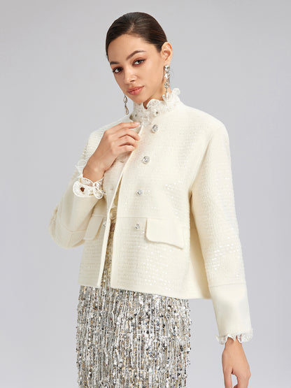 Wool Sequin-Embroidered Round Neckline Jacket (100% Wool)