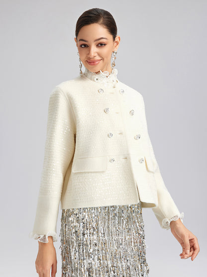 Wool Sequin-Embroidered Round Neckline Jacket (100% Wool)