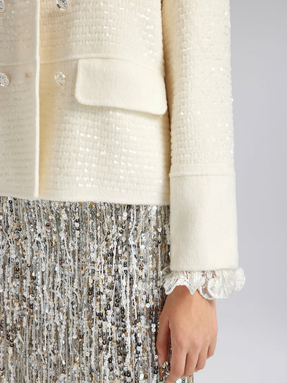 Wool Sequin-Embroidered Round Neckline Jacket (100% Wool)
