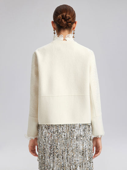 Wool Sequin-Embroidered Round Neckline Jacket (100% Wool)